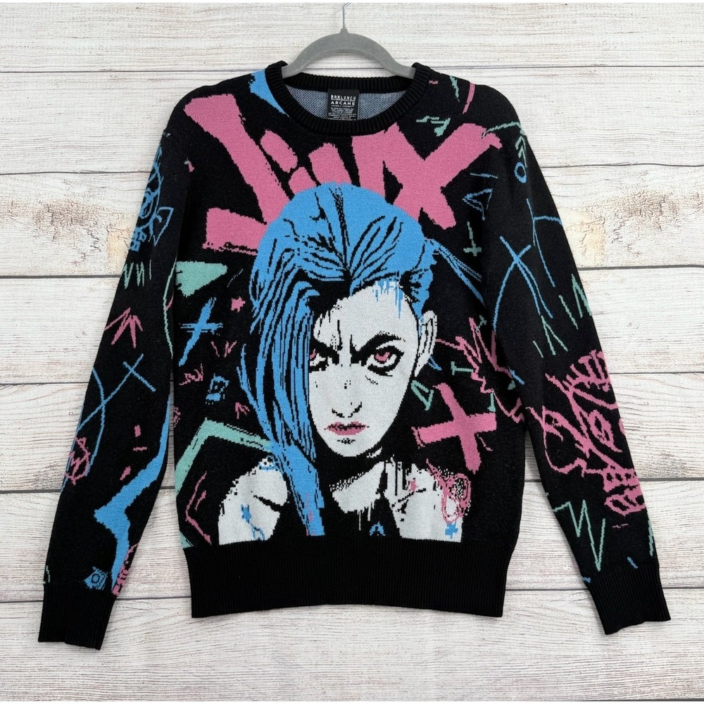 BoxLunch Arcane League of Legends Jinx Sweater XS Black Graphic Knit